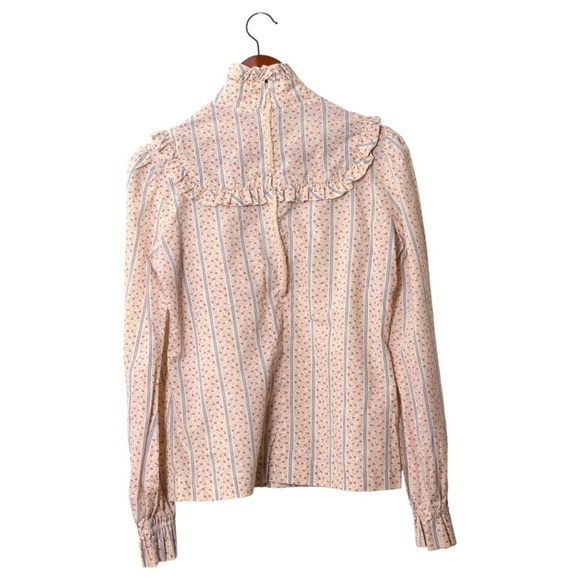 Vintage Oops Floral Print High Neck Peasant Blouse Ruffle Size Small 70s Cream - Picture 2 of 16